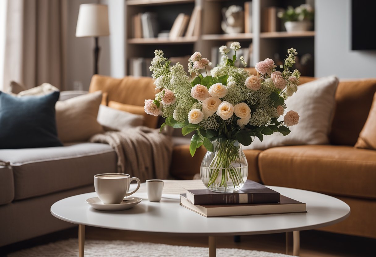 A cozy living room with a large, plush sofa, a coffee table with books and a vase of flowers, and a warm, inviting color scheme