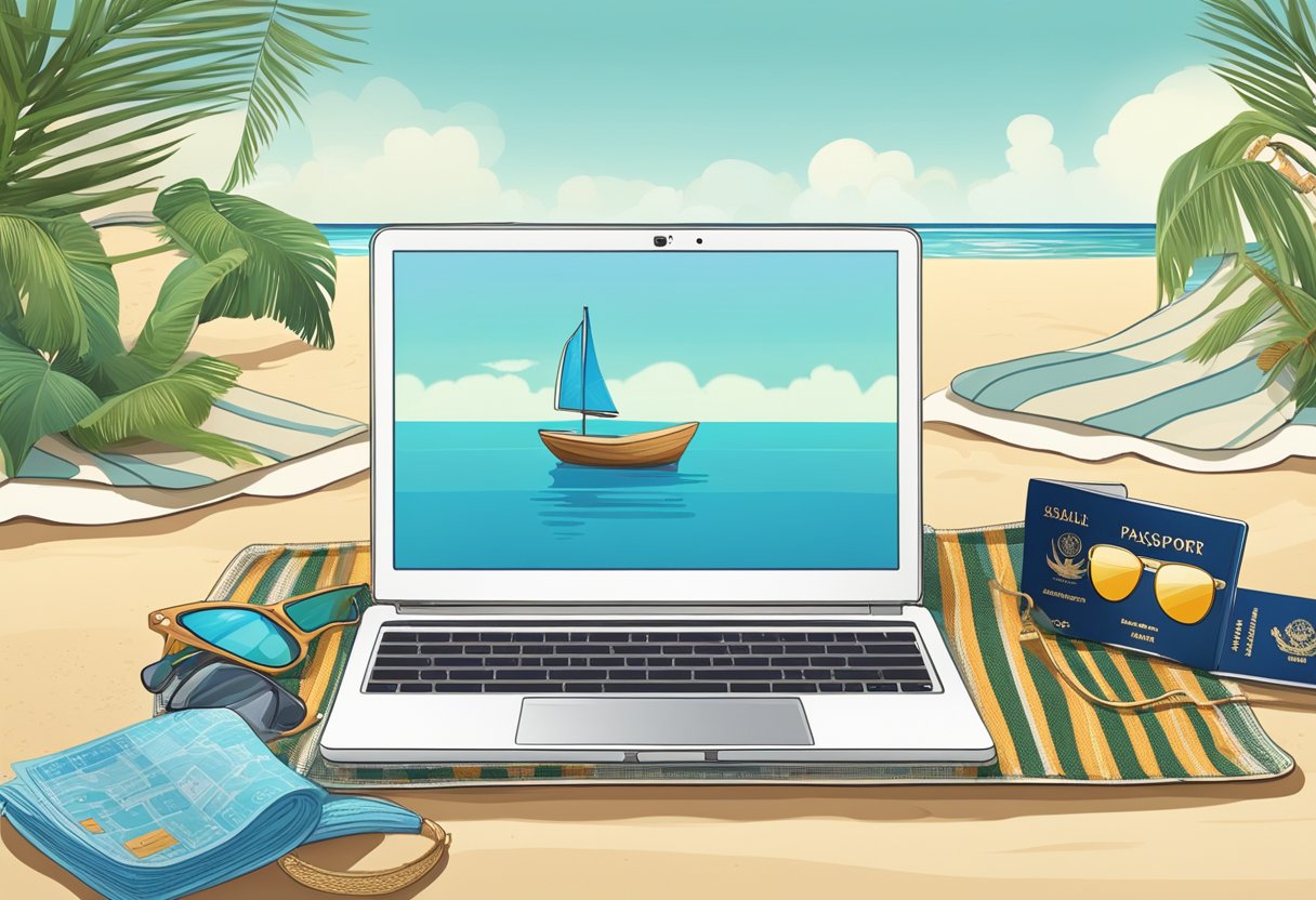 A laptop on a beach towel, surrounded by a passport, map, and sunglasses. A tropical beach with a hammock in the background