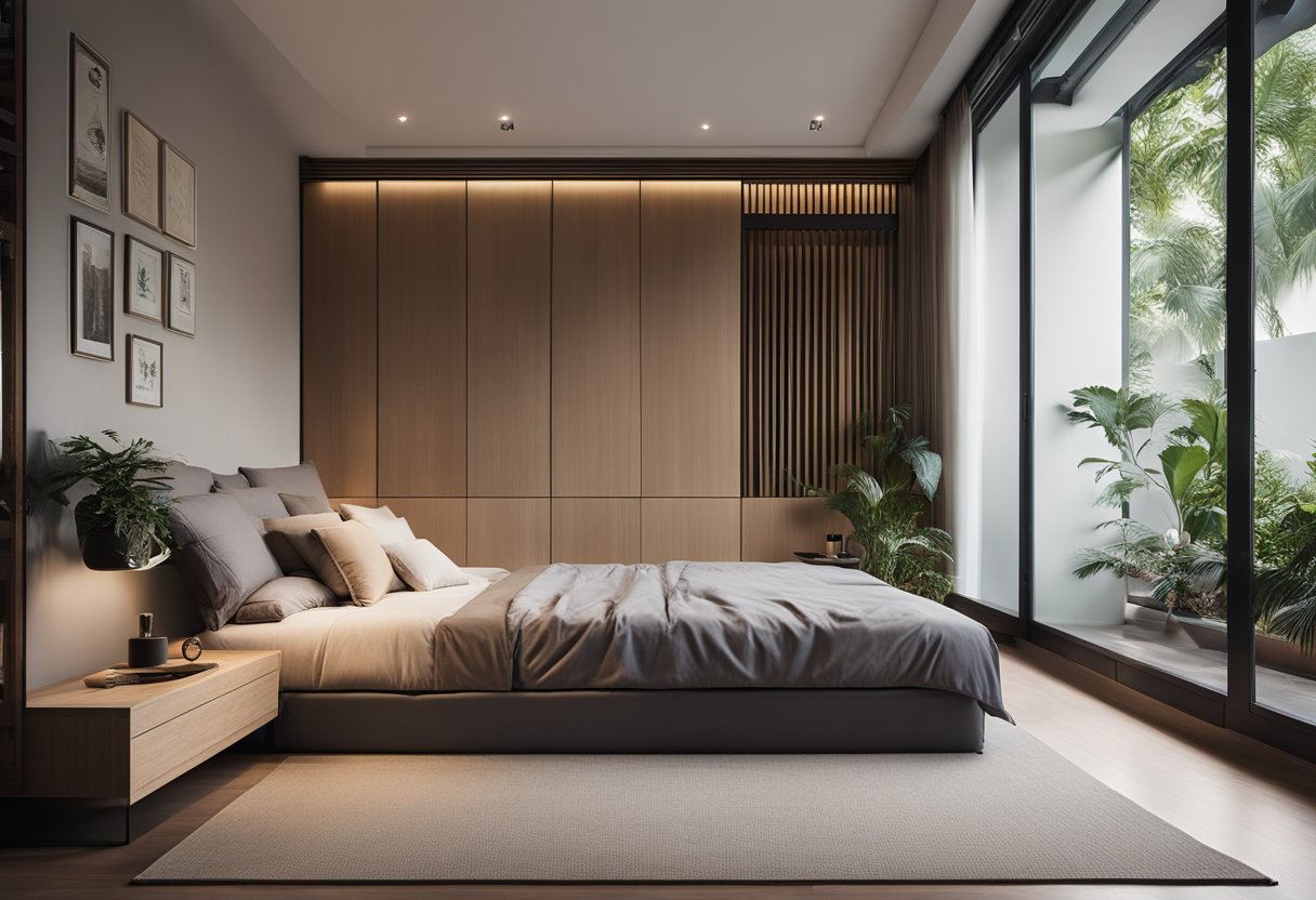 A cozy small bedroom in Singapore with a minimalist design, featuring a platform bed, built-in storage, and large windows for natural light