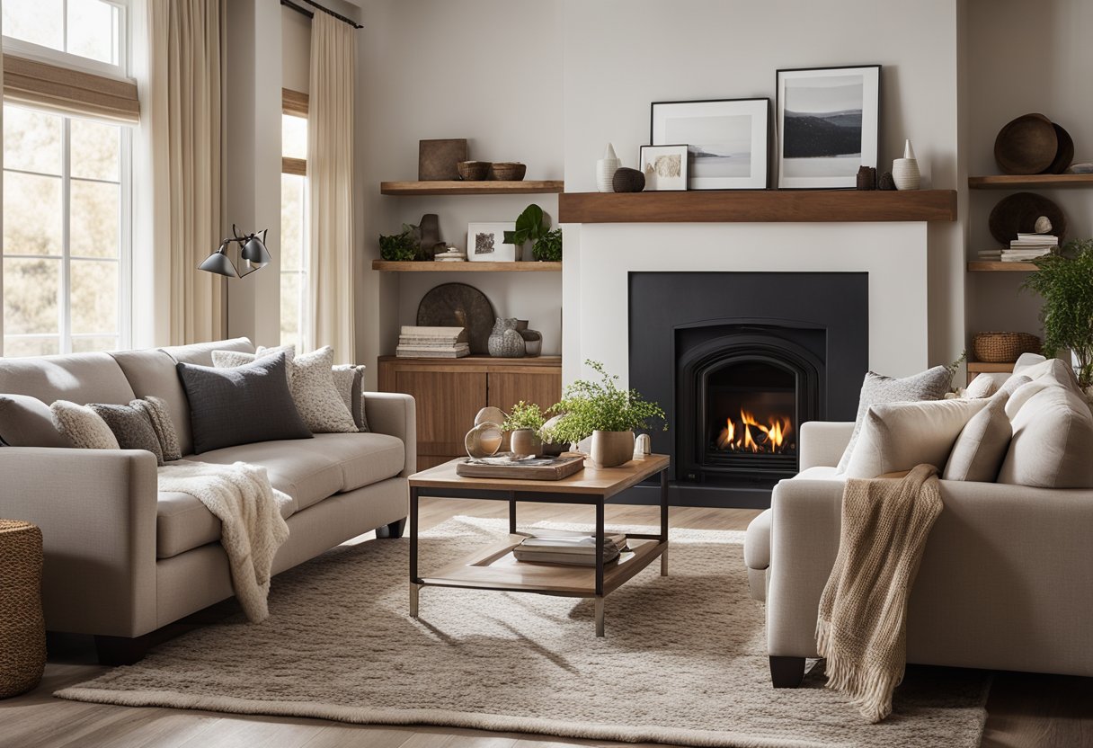 A cozy living room with a large, comfortable sofa, a plush area rug, and a fireplace. The room is bathed in warm, natural light streaming in through the windows, creating a welcoming and inviting space