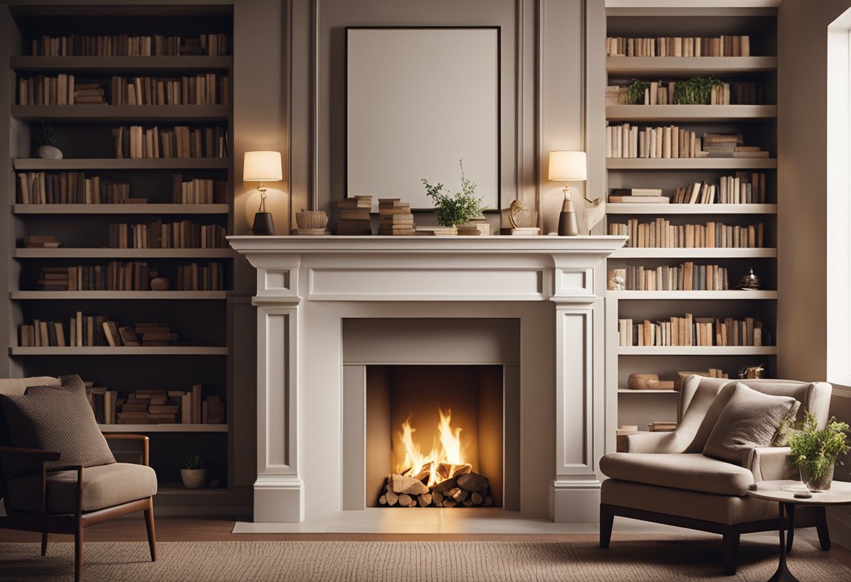 A crackling fireplace warms a room with soft, earthy tones and plush, inviting furniture. Books line the shelves, and warm lighting creates a cozy atmosphere