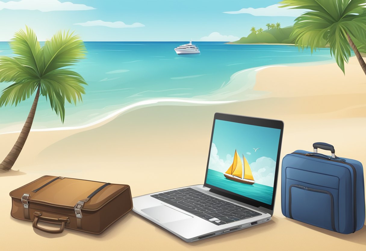 A laptop, passport, and suitcase on a beach with a tropical background