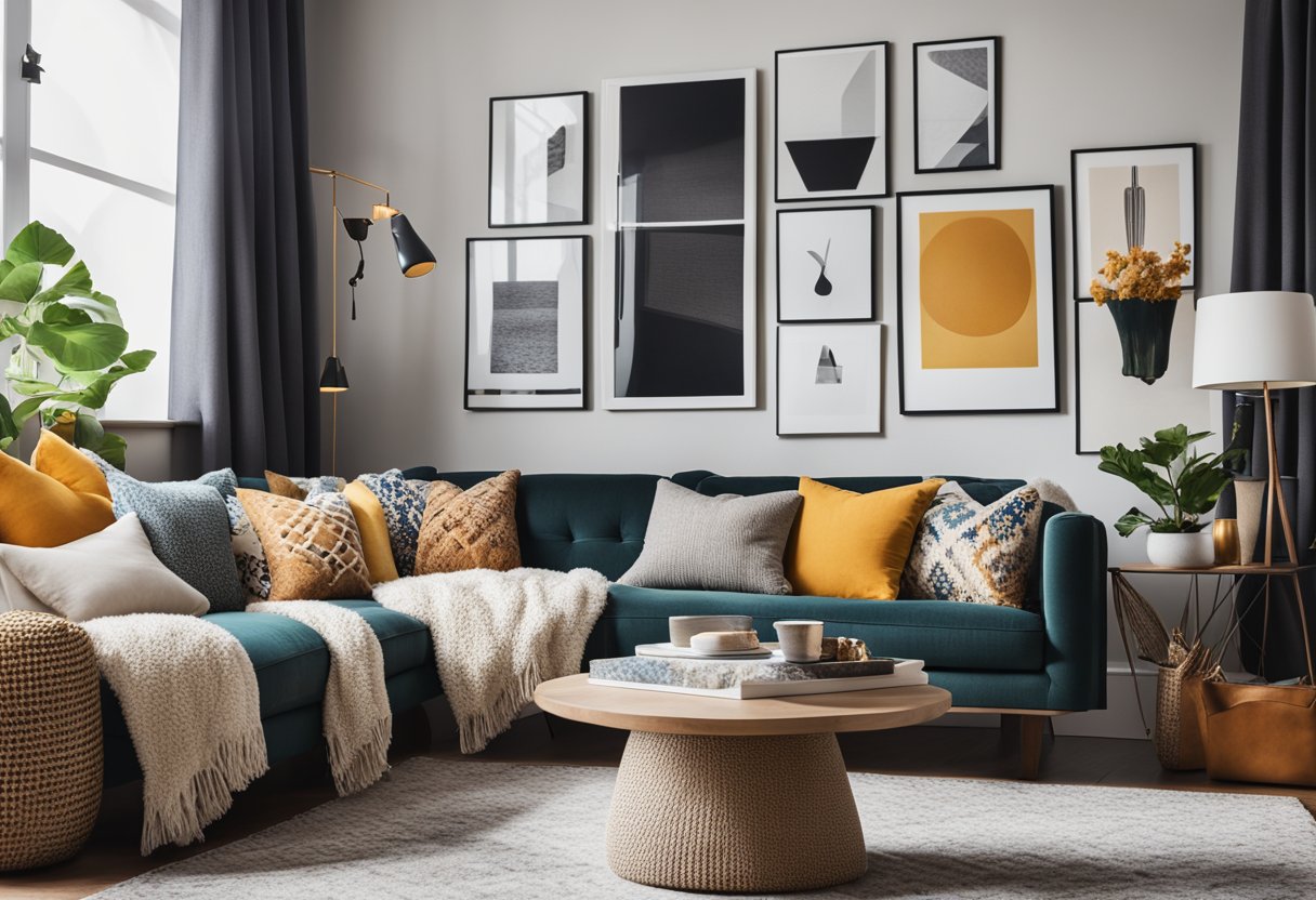 A cozy living room with colorful throw pillows, a soft rug, and a gallery wall of personal photos and artwork. A mix of textures and patterns adds interest to the space