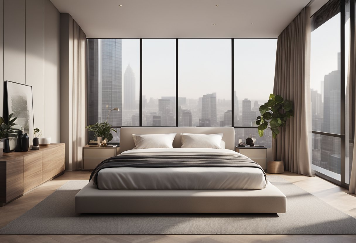A sleek, modern bedroom with a space-saving platform bed, built-in storage, and minimalist decor. A large window lets in natural light, and a neutral color palette creates a calming atmosphere