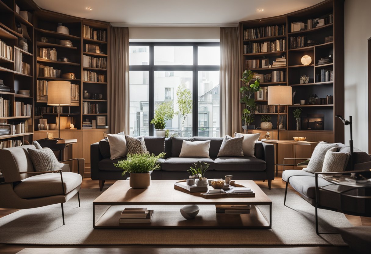 A cozy living room with modern furniture, warm lighting, and a large bookshelf. A comfortable sofa and armchairs are arranged around a coffee table. The walls are adorned with artwork, and large windows let in natural light