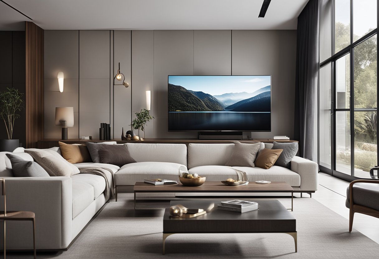 A sleek, minimalist living room with clean lines, neutral colors, and a mix of materials like wood, metal, and glass. A large, comfortable sofa faces a sleek entertainment center, with a few carefully chosen decorative accents
