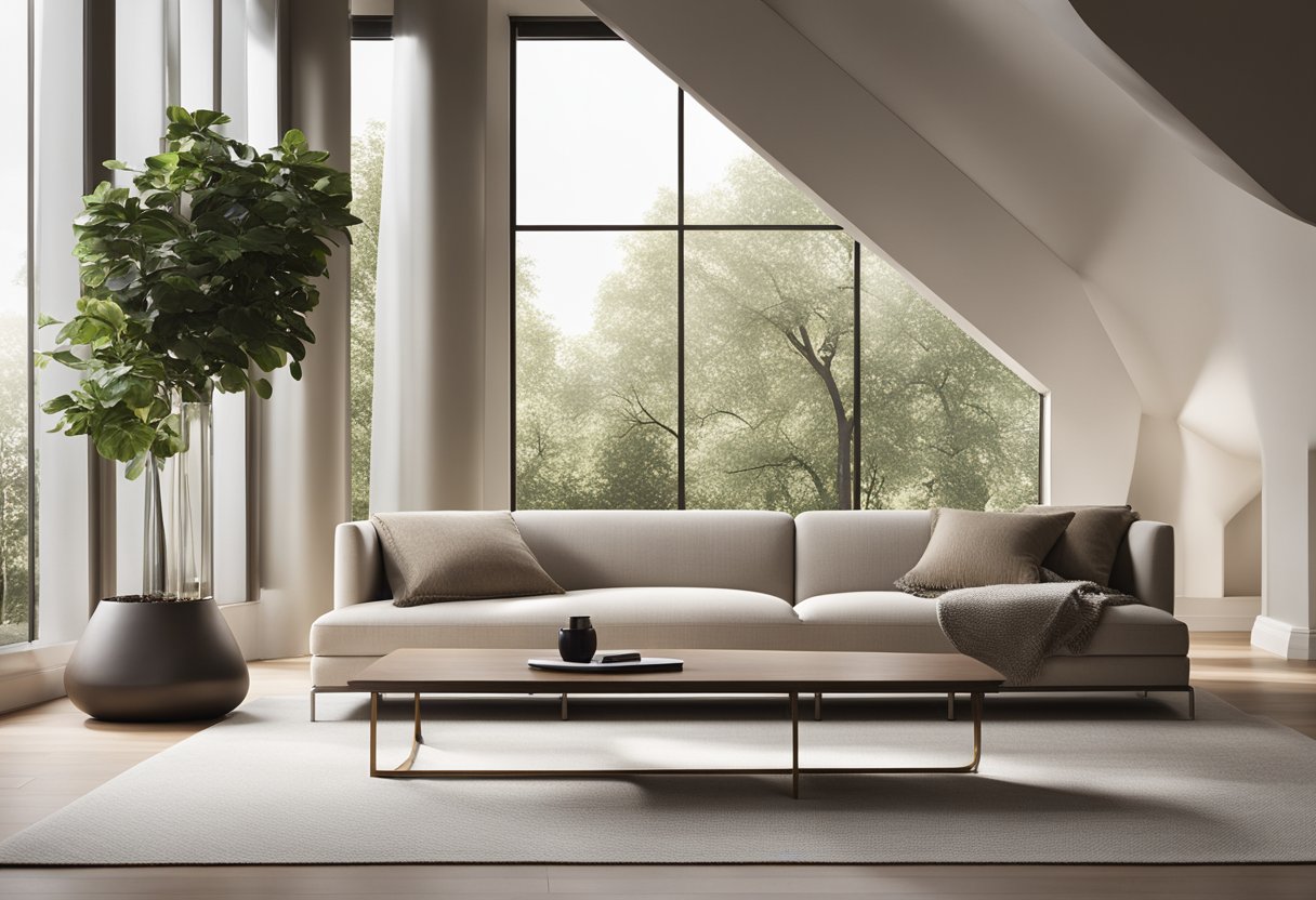 A sleek, minimalist sofa sits in front of a clean-lined coffee table. A soft, neutral rug covers the floor, and a large window lets in natural light. Simple, elegant decor accents the space