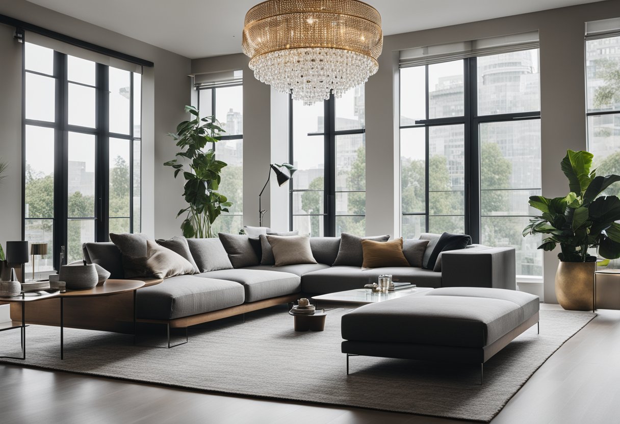 A sleek, open-plan living room with tall windows, minimalist furniture, and a statement chandelier