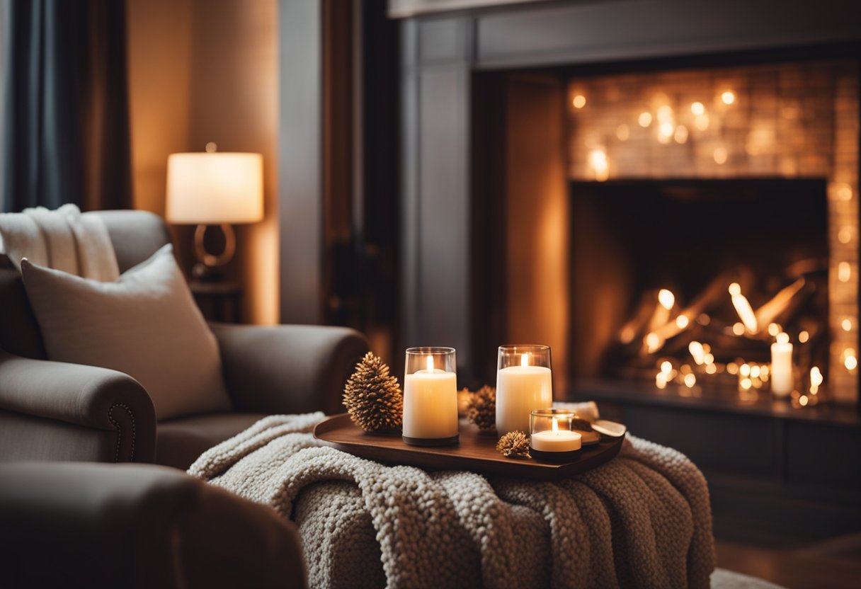 A crackling fireplace illuminates a room filled with plush armchairs, soft throw blankets, and warm lighting, creating a cosy and inviting atmosphere