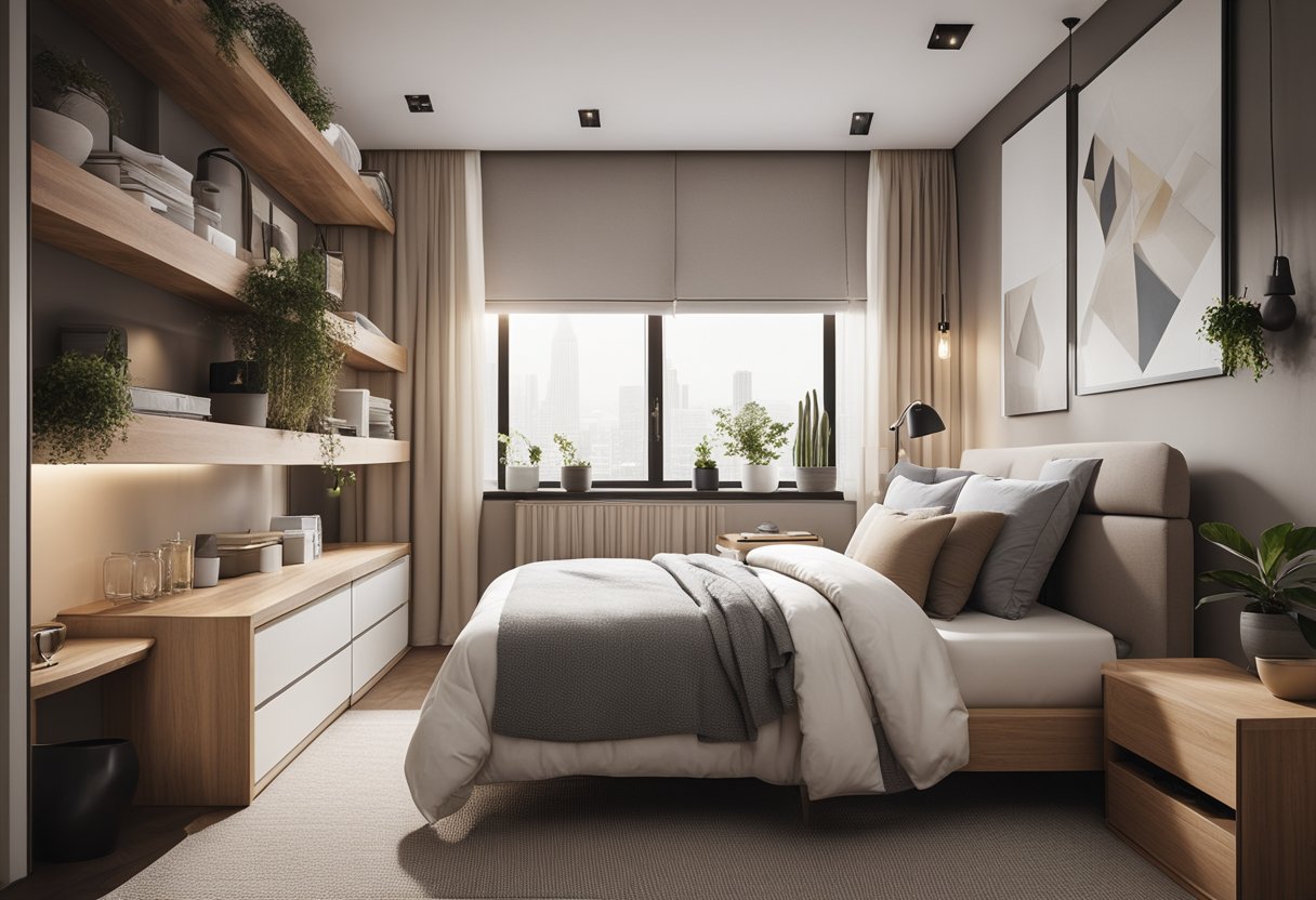 A cozy, clutter-free bedroom with a space-saving layout, smart storage solutions, and a neutral color palette
