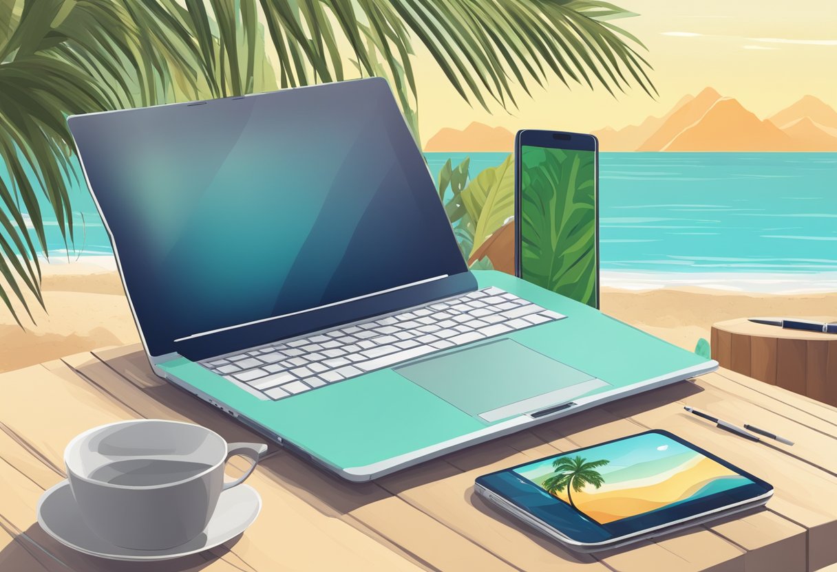 A laptop, smartphone, and passport on a beach table with a tropical backdrop, representing the tools and technology of a digital nomad job