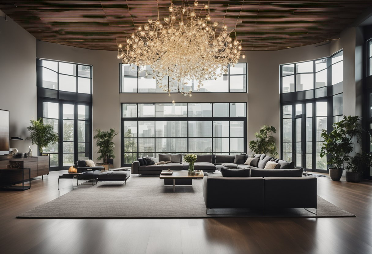 A spacious, open living room with tall windows, sleek furniture, and minimalistic decor. A statement chandelier hangs from the high ceiling, casting a warm glow over the contemporary space