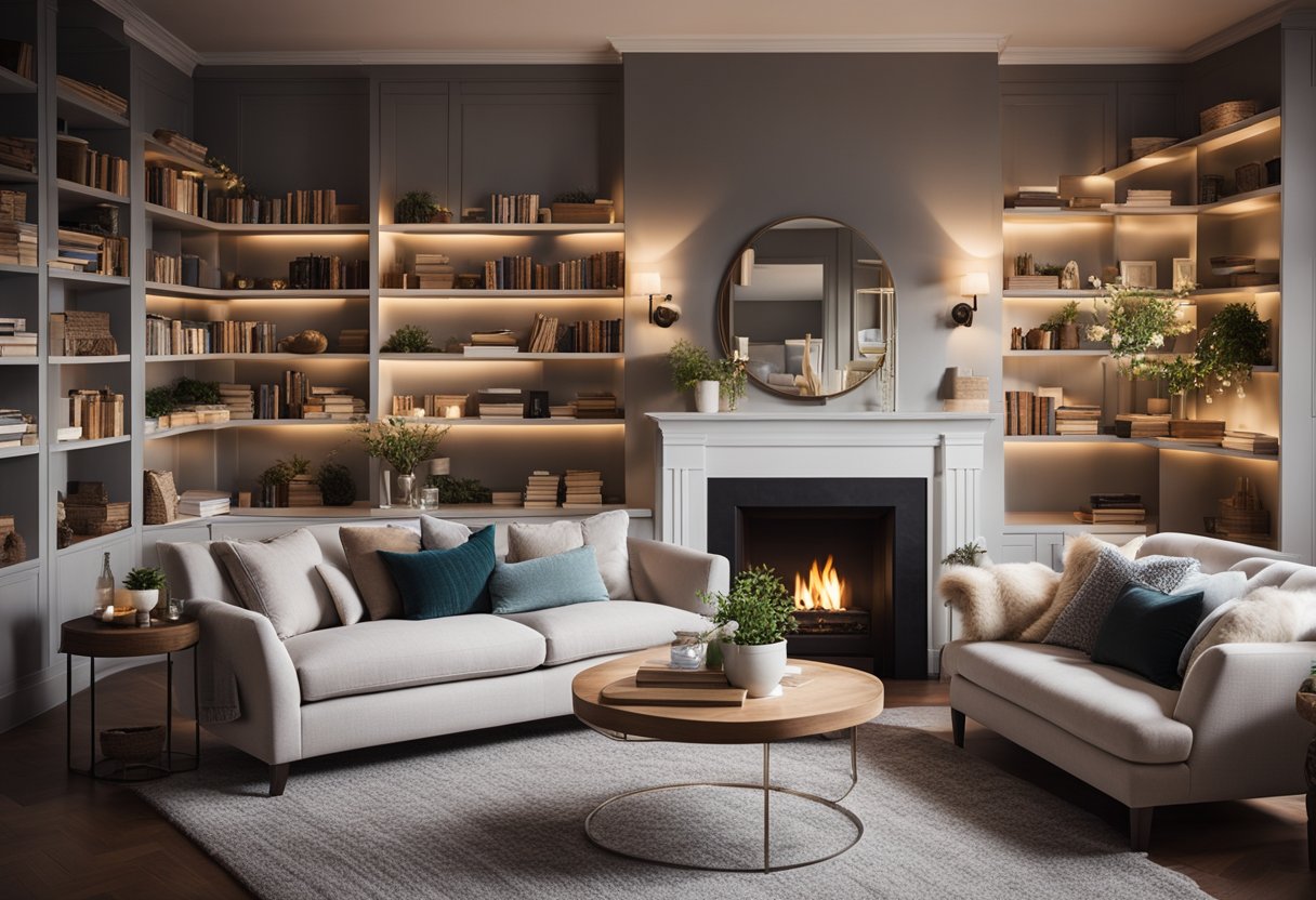 A warm, inviting living room with a plush sofa, soft throw blankets, a cozy fireplace, and shelves filled with books and decorative items