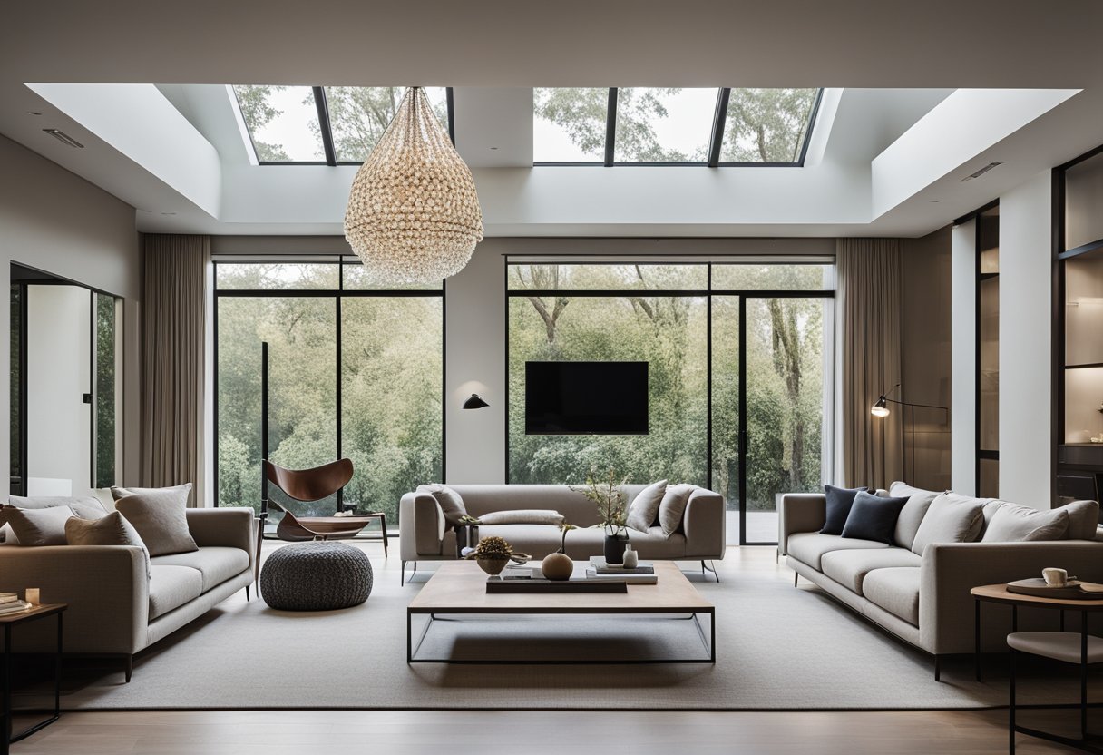 A modern high ceiling living room with minimalist furniture, large windows, and a neutral color palette. A statement chandelier hangs from the ceiling, and natural light floods the space