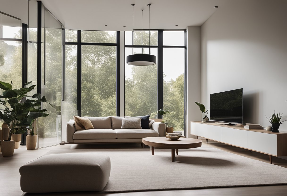 A sleek, minimalistic living room with clean lines, neutral colors, and modern furniture. A large window lets in natural light, and a cozy rug anchors the space