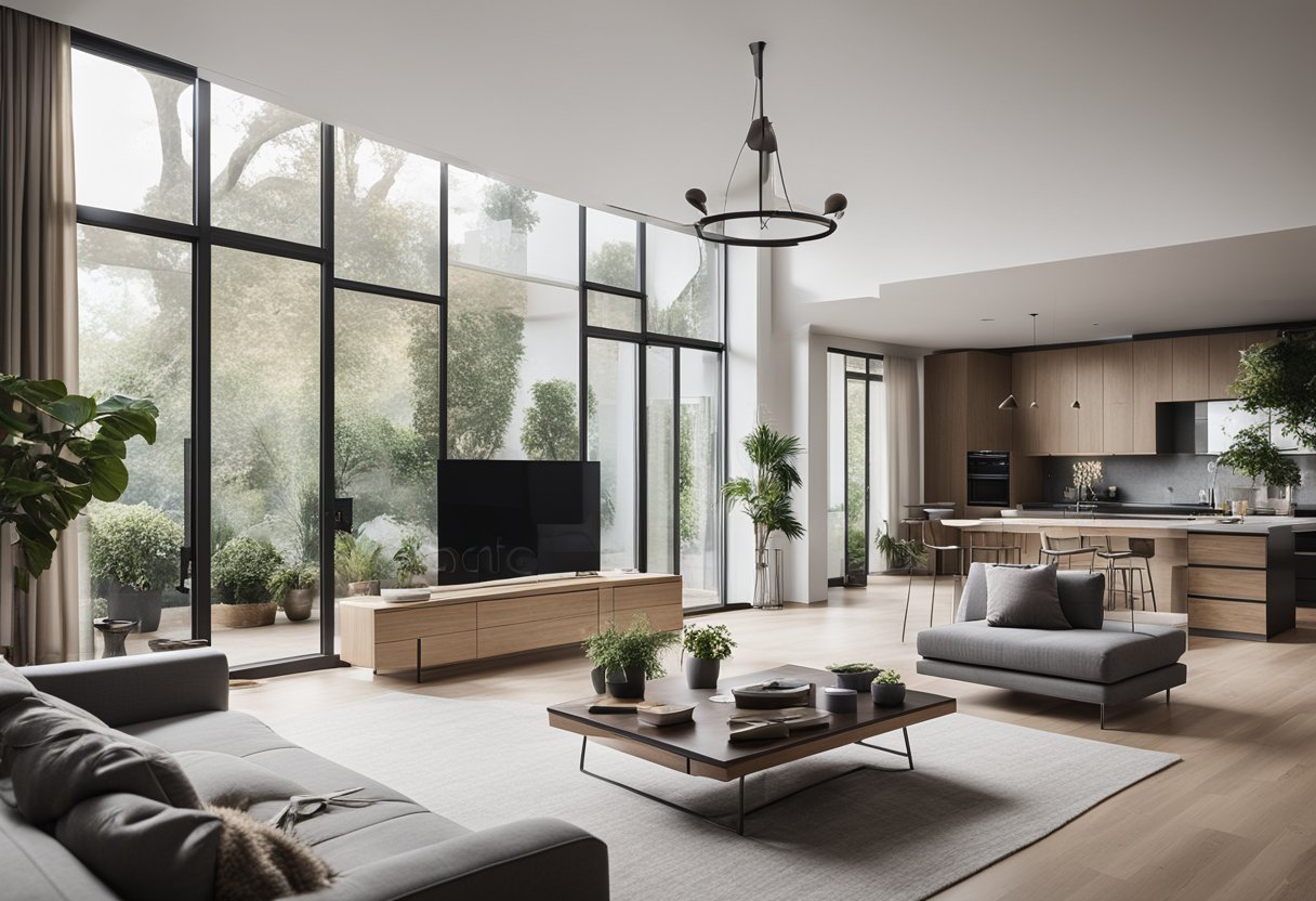 A spacious, modern living room with high ceilings, minimalist furniture, and large windows letting in natural light