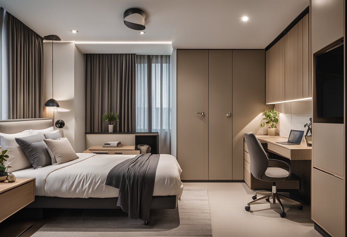 The 3-room HDB bedroom features modern design elements and aesthetics, with clean lines, neutral colors, and minimalistic furniture