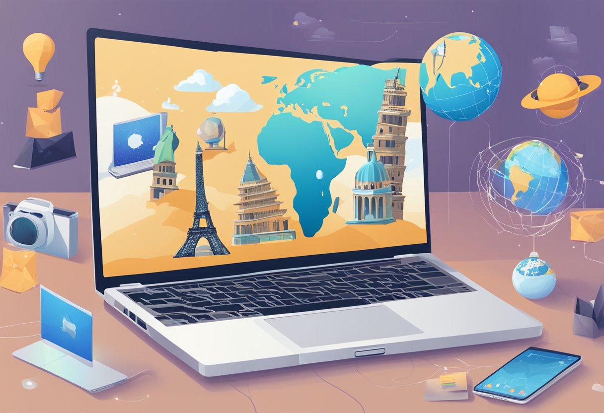 A laptop surrounded by global landmarks, connecting to various virtual networks, representing remote digital nomad jobs