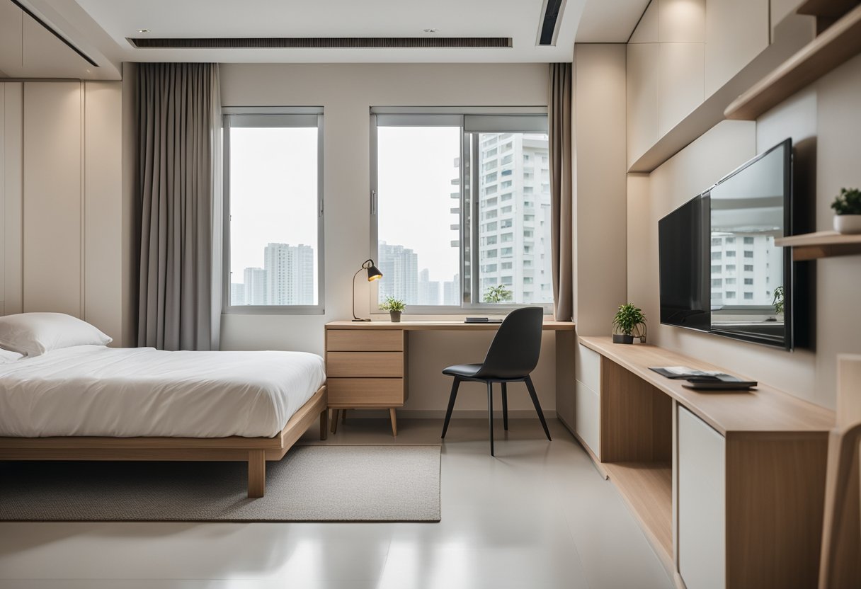 A cozy 3-room HDB flat bedroom with modern design elements, featuring a minimalist color palette, sleek furniture, and ample natural light