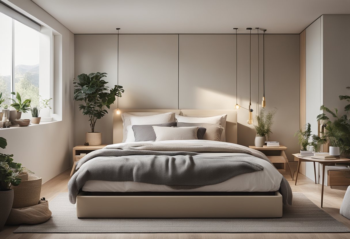 A cozy small bedroom with a minimalist design, featuring a space-saving platform bed, built-in storage solutions, and a neutral color palette for a serene atmosphere