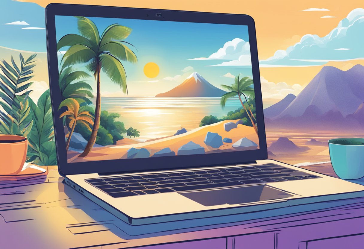 A laptop surrounded by a tropical beach, city skyline, and mountain view, symbolizing remote work opportunities for digital nomads