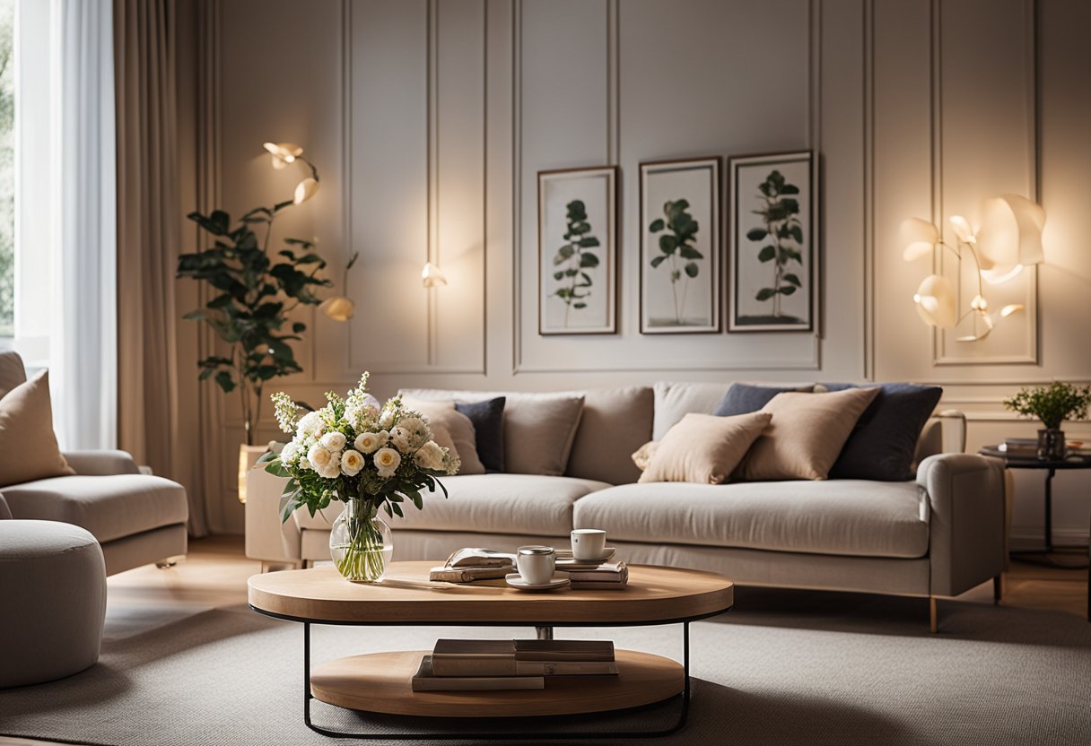 A cozy living room with a large, plush sofa, a coffee table adorned with books and a vase of flowers, and soft, warm lighting creating a welcoming ambiance