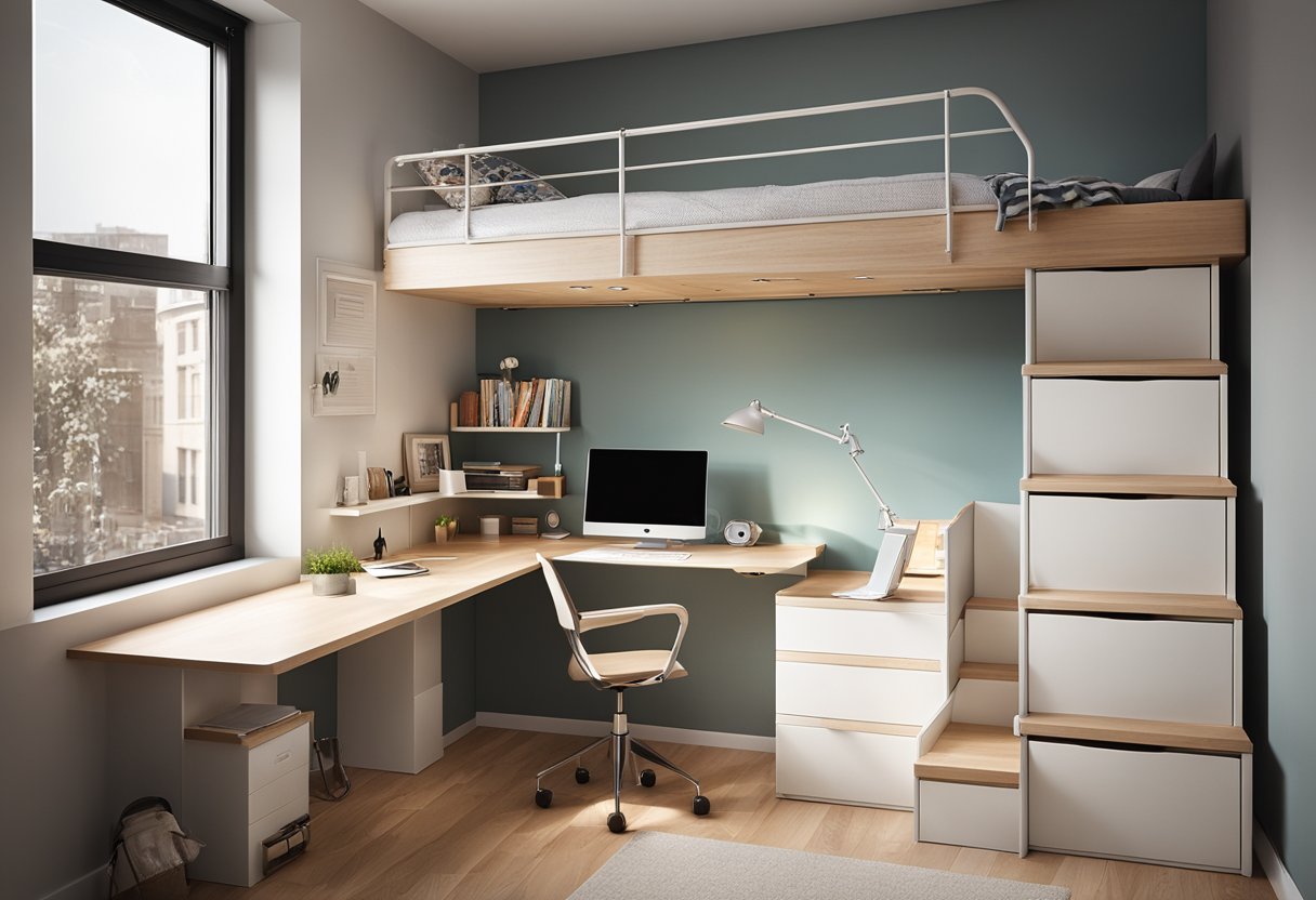A small bedroom with a loft bed, built-in storage, and a fold-down desk. Bright colors and minimal furniture create a spacious and functional feel