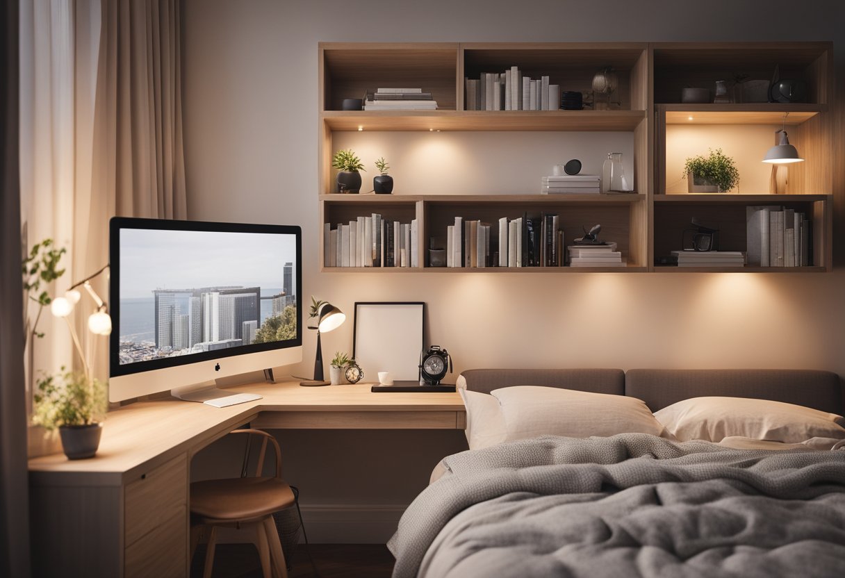 A cozy small bedroom with minimalist decor, soft lighting, and neutral color palette. A bookshelf and desk maximize space