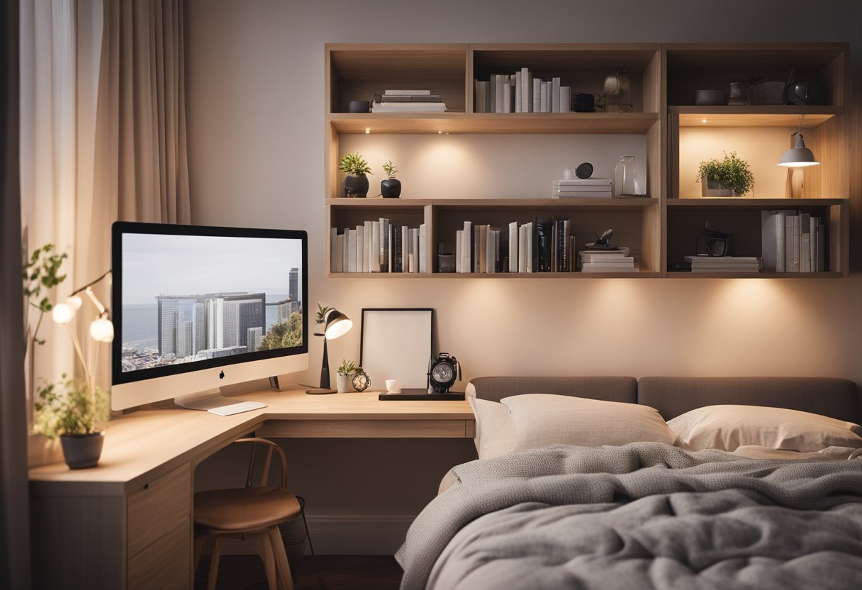 A cozy small bedroom with minimalist decor, soft lighting, and neutral color palette. A bookshelf and desk maximize space