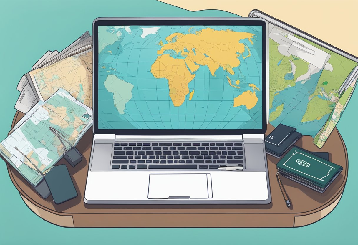 A laptop, passport, and international map on a desk with a globe in the background, representing the legal and logistical considerations of digital nomad jobs