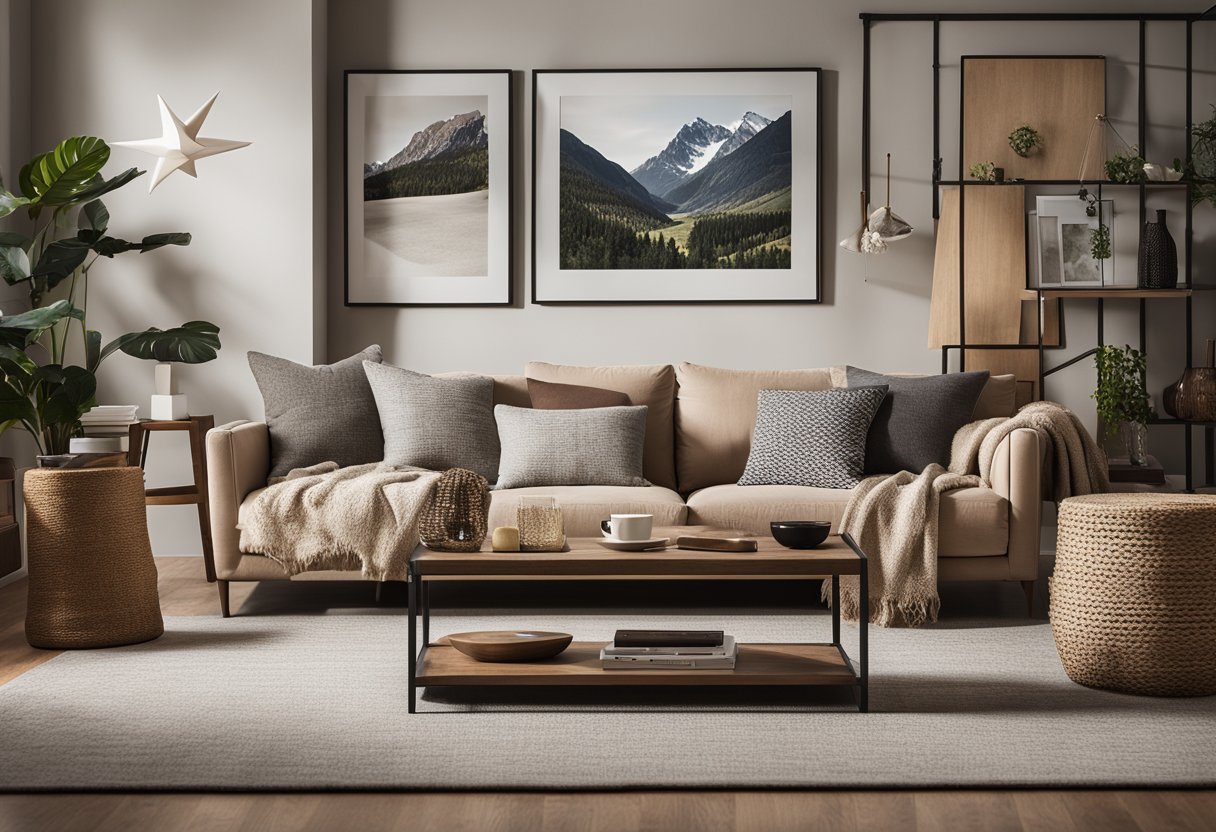 A cozy living room with a mix of modern and rustic elements, featuring a comfortable sofa, a stylish coffee table, and a gallery wall of framed artwork