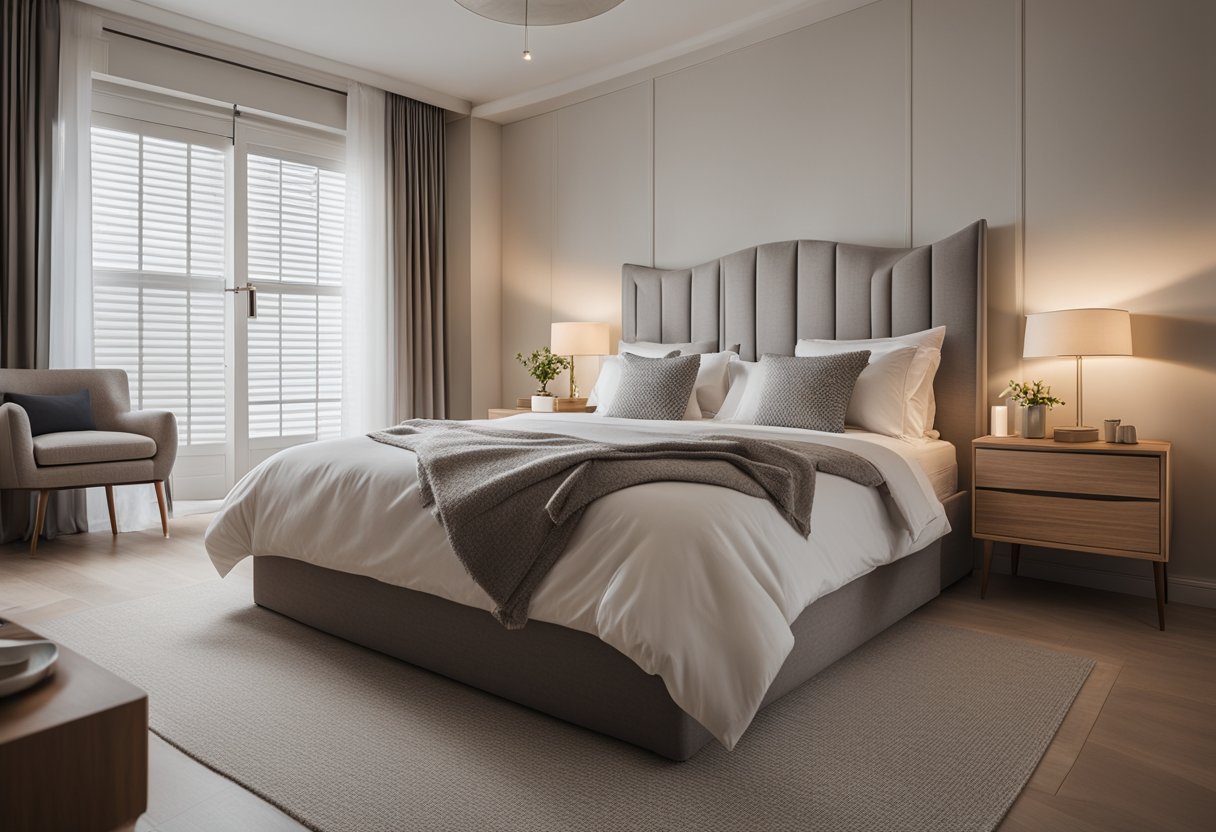 A cozy bedroom with a double bed, bedside tables, and a wardrobe. Soft lighting and neutral colors create a calming atmosphere