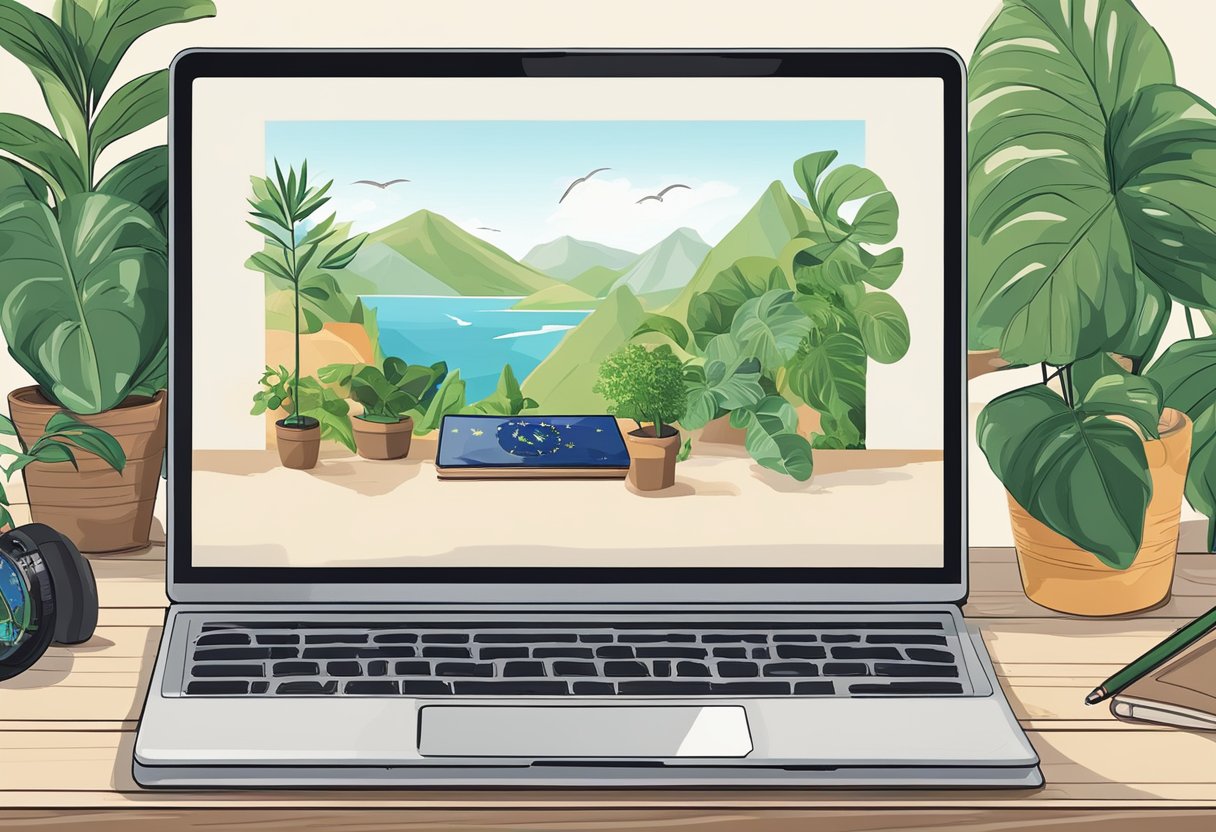 A laptop on a wooden table with a passport, plant, and travel guides. Remote work essentials for a sustainable digital nomad lifestyle