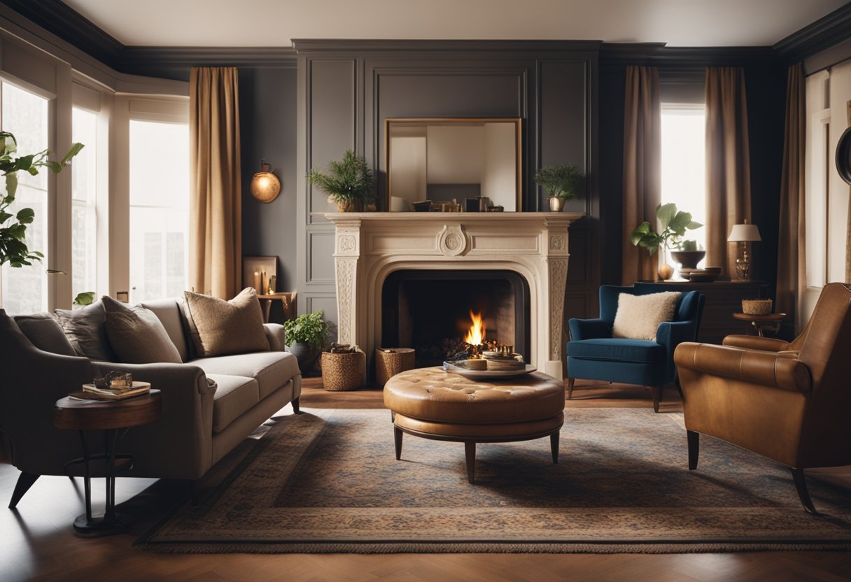 A cozy living room with vintage furniture, ornate rugs, and a fireplace. Warm lighting and classic decor create a timeless atmosphere