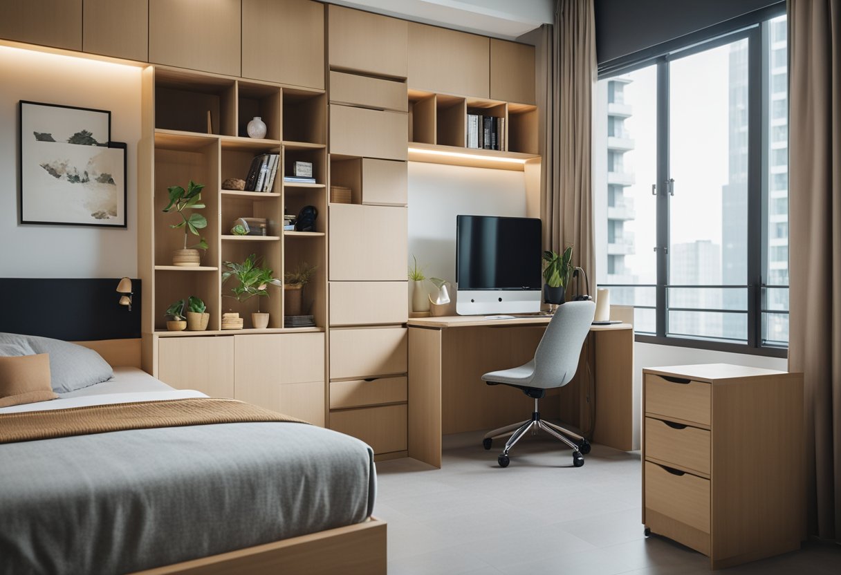 A HDB common bedroom with space-saving furniture and clever storage solutions
