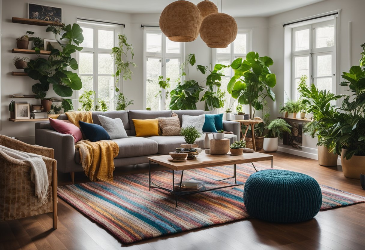 A cozy living room with a large, plush sofa, a coffee table, and a colorful rug. The room is filled with natural light from a large window, and there are plants and artwork on the walls