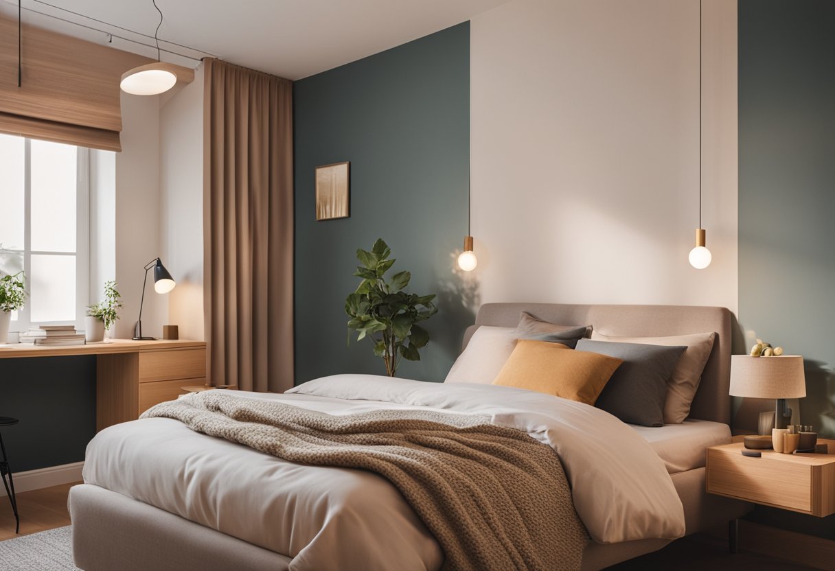 A cozy small bedroom with a single bed, compact nightstand, and a small desk against the wall. The room is adorned with soft, warm colors and minimal decor