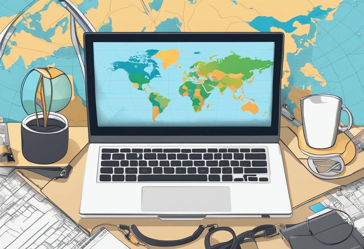 A laptop surrounded by travel essentials, with a world map in the background, symbolizing remote work and digital nomad lifestyle