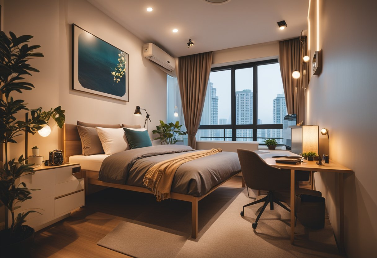 A cozy HDB common bedroom with warm lighting, a comfortable bed, stylish decor, and a functional workspace