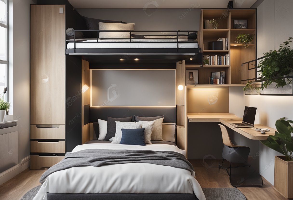 A small bedroom with a smart layout, featuring a loft bed, built-in storage, and a fold-down desk to maximize space