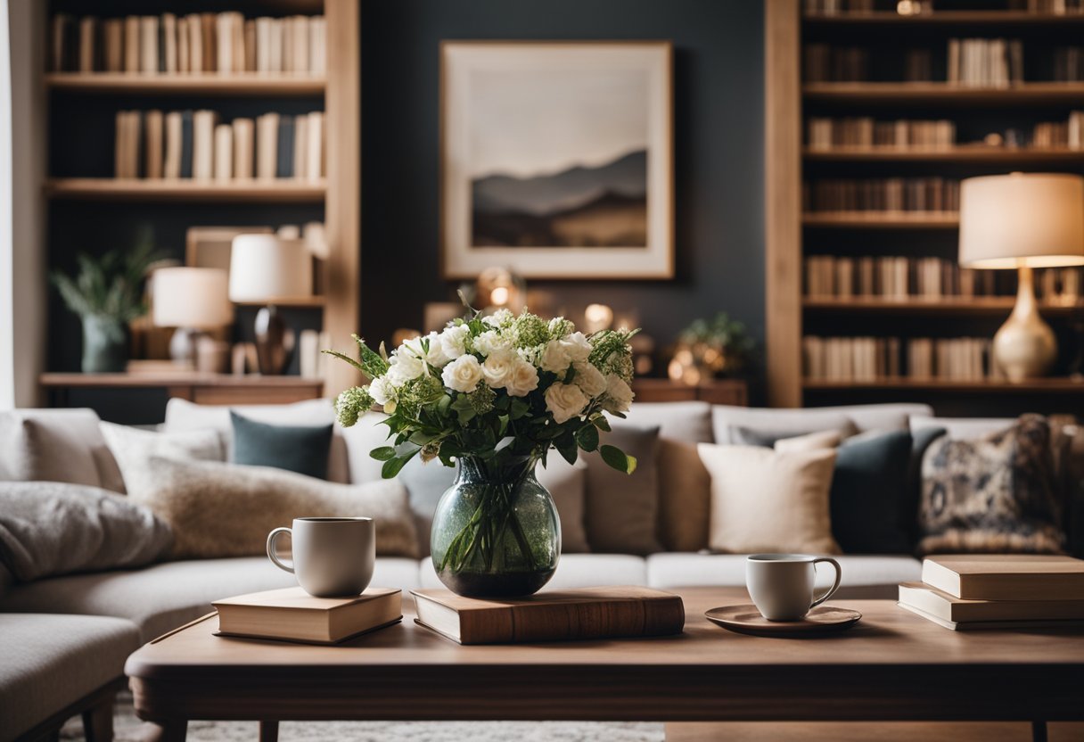 A cozy living room with classic furniture, elegant decor, and warm lighting. A bookshelf filled with books, a comfortable sofa, and a coffee table with a vase of flowers complete the scene
