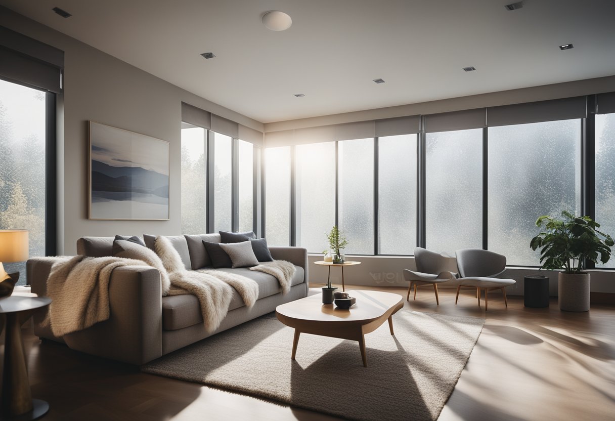 A cozy living room with frosted glass designs on the windows, allowing soft light to filter through and create a warm and inviting atmosphere