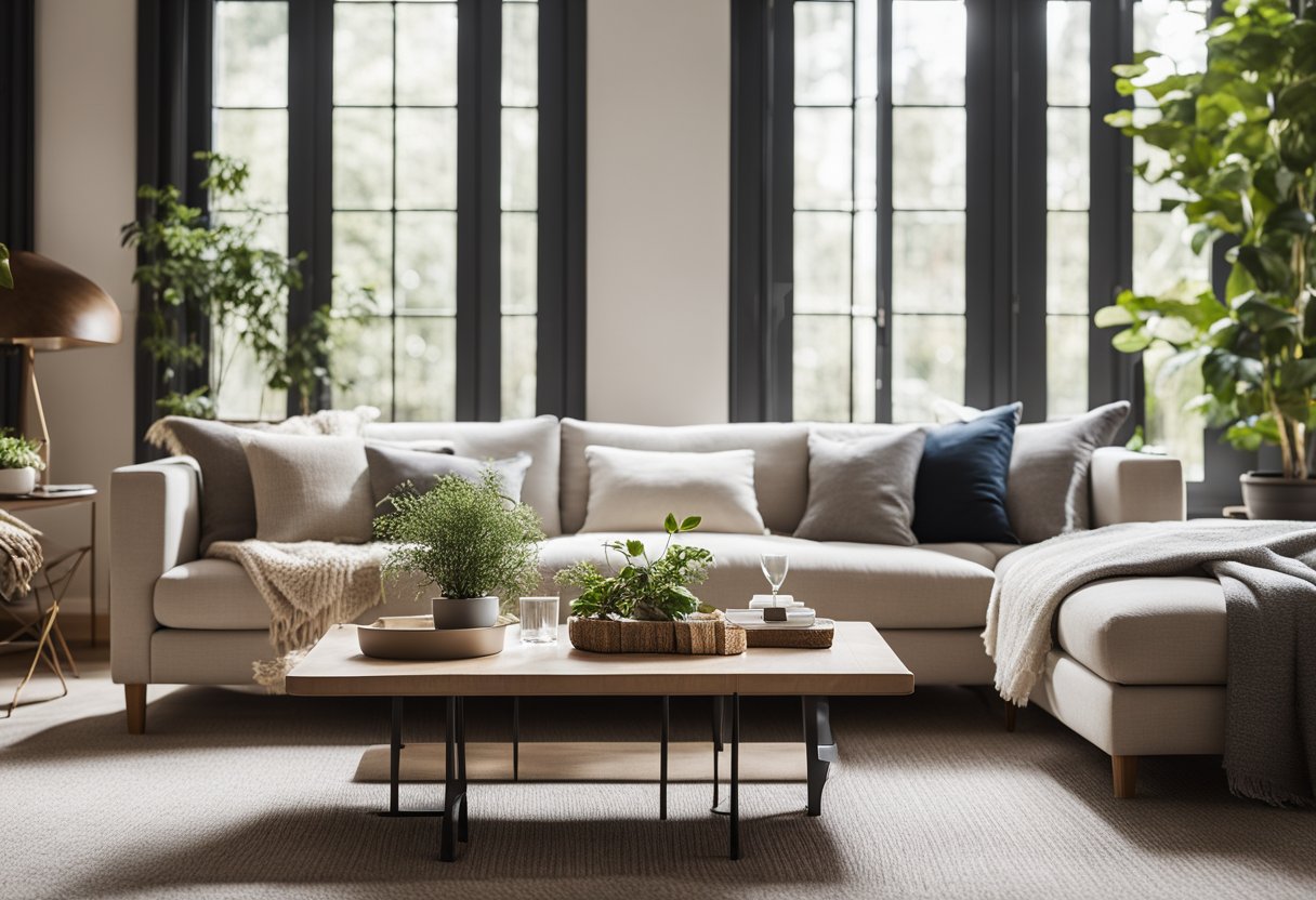 A cozy living room with a large, comfortable sofa, a stylish coffee table, soft area rug, and elegant wall art. Bright natural light streams in through the windows, creating a warm and inviting atmosphere