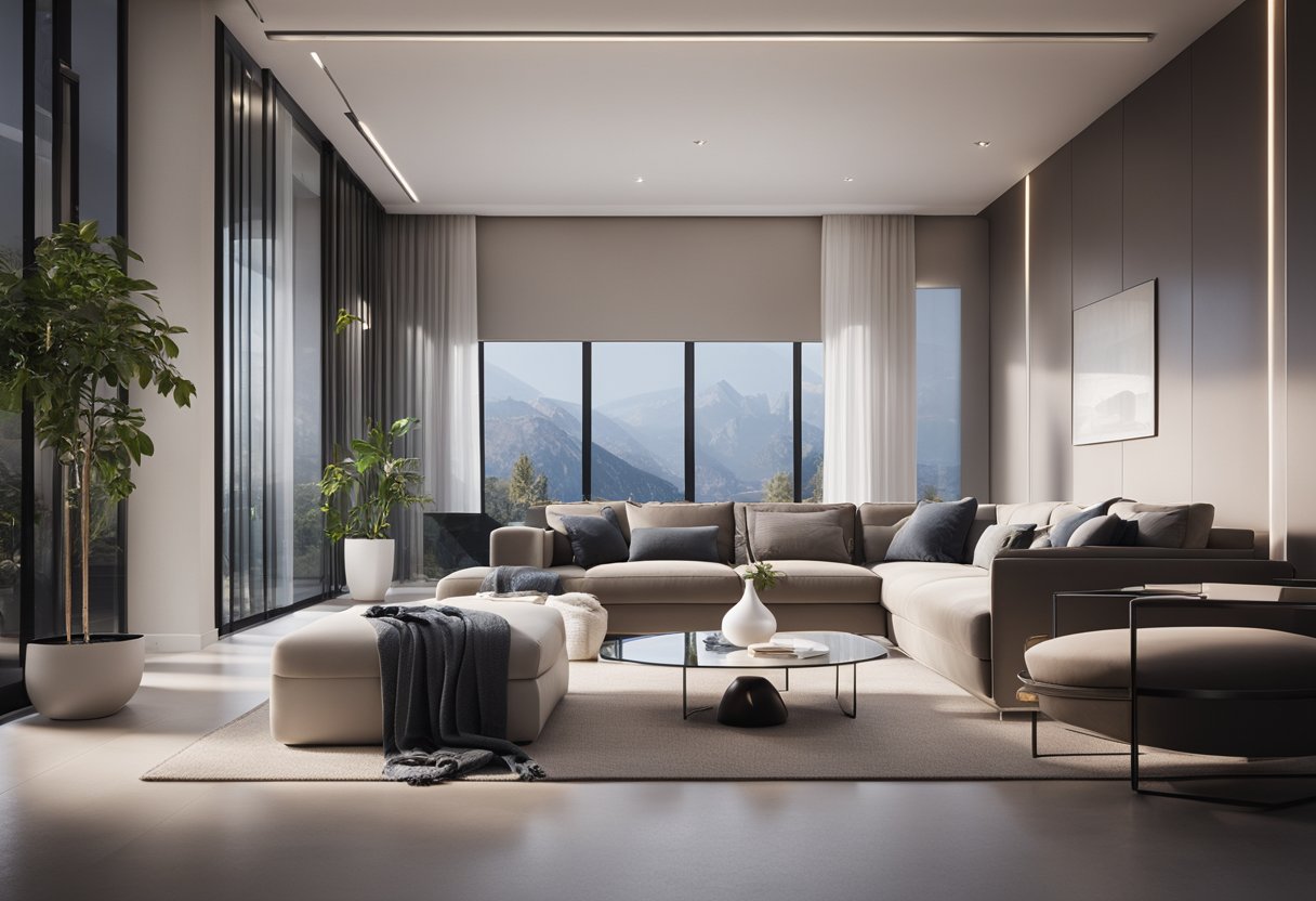 A modern living room with frosted glass panels, sleek furniture, and soft, ambient lighting