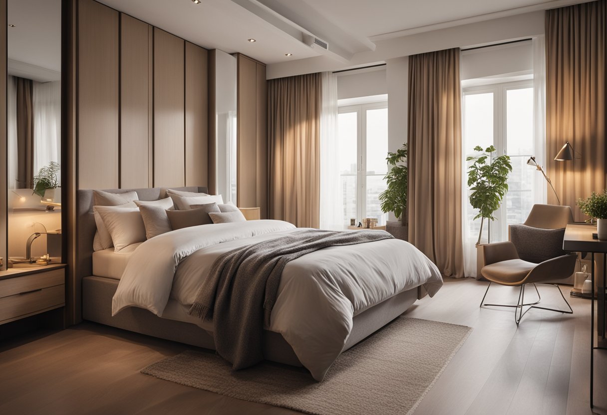 A cozy bedroom with a double bed, built-in wardrobe, study desk, and large windows with curtains. Warm lighting and neutral colors create a comfortable and inviting atmosphere