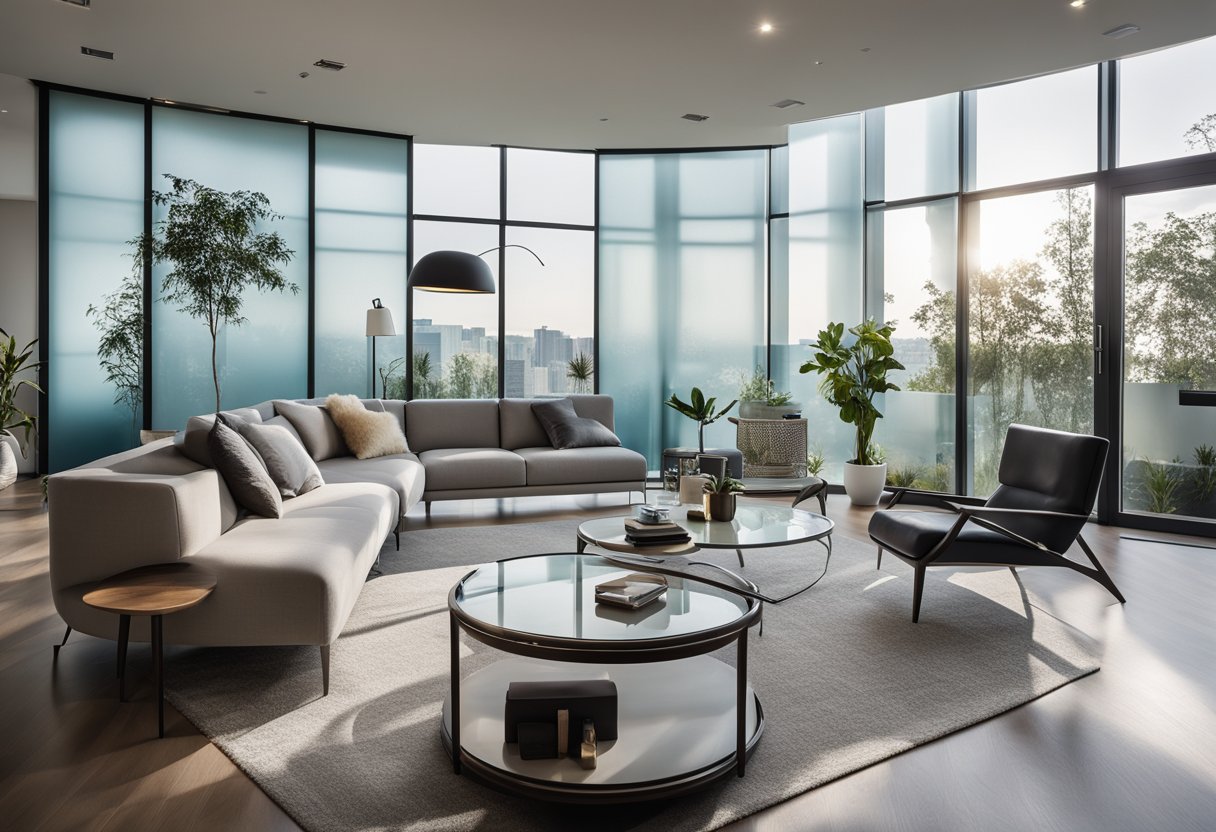 A living room with frosted glass partitions, allowing diffused light to enter while providing privacy. Modern furniture complements the sleek, contemporary design