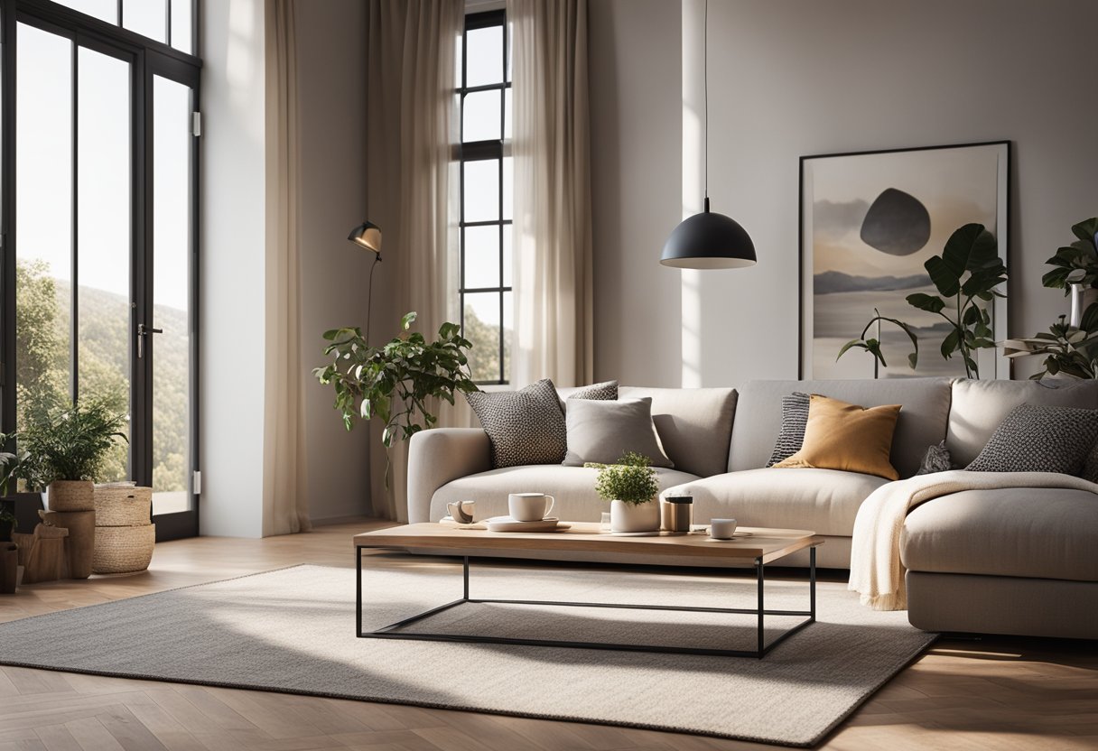 A cozy living room with a plush sofa, a stylish coffee table, and a soft rug. Sunlight streams in through large windows, illuminating the room's elegant decor