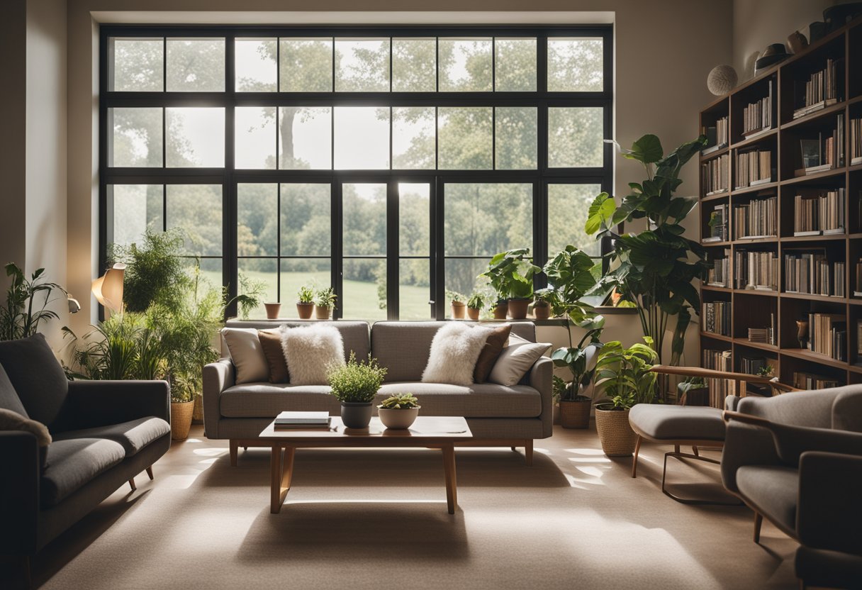 A cozy living room with modern furniture, soft lighting, and a large window overlooking a garden. A bookshelf filled with books and plants adds a touch of homeliness