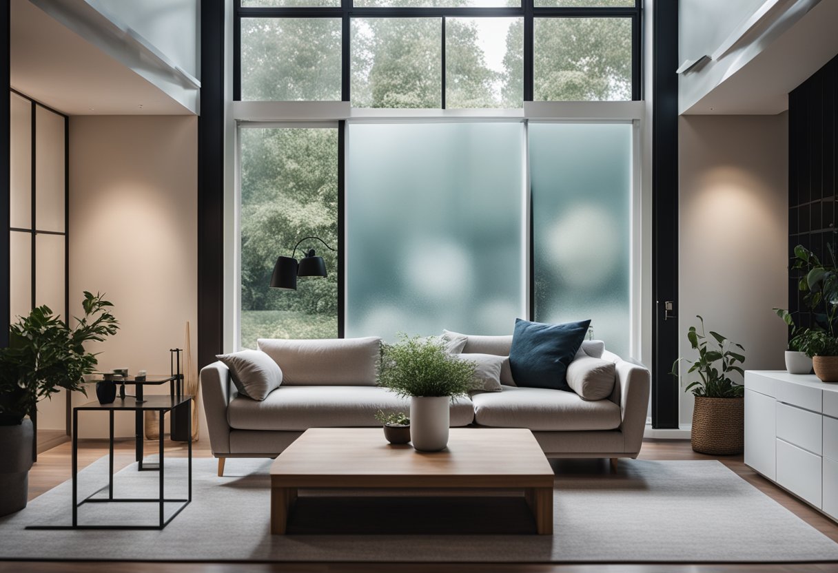 A cozy living room with frosted glass designs on windows and doors, creating privacy while allowing natural light to filter through
