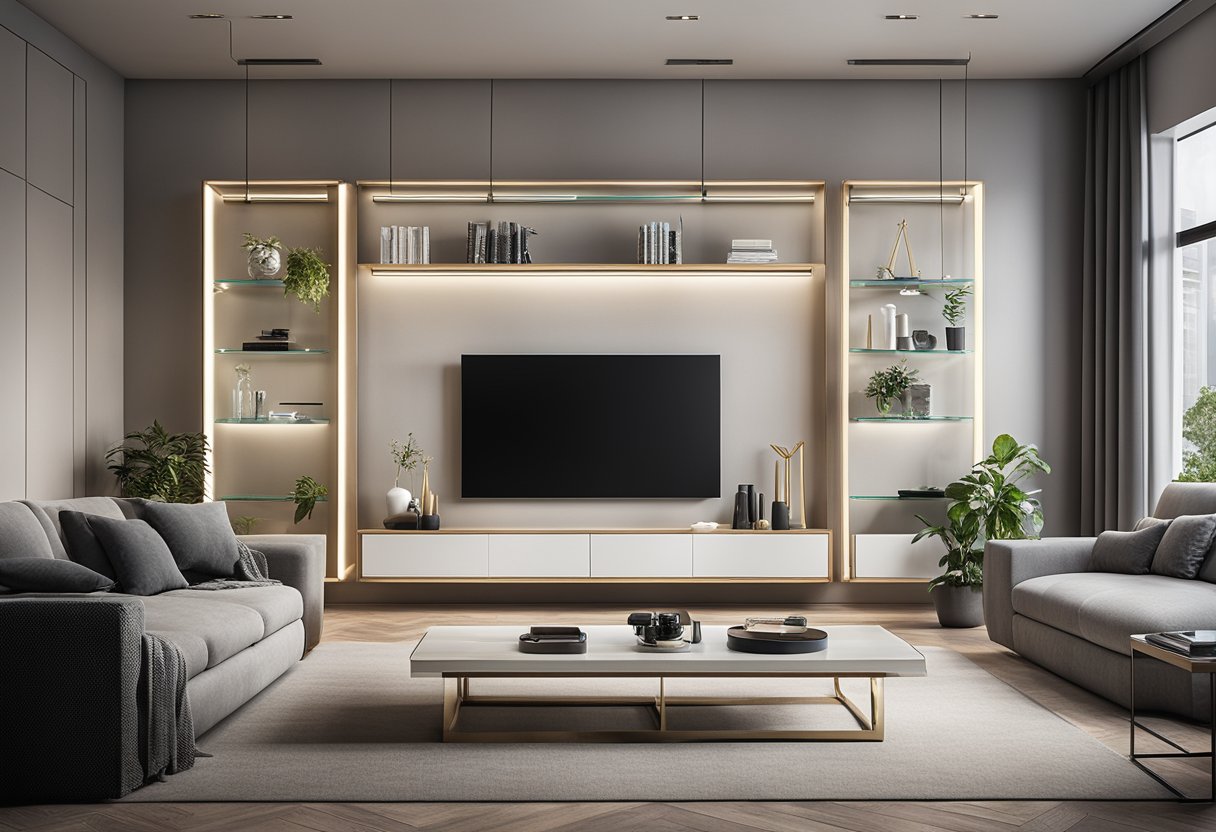 A modern living room with sleek wall showcase designs, featuring glass shelves, LED lighting, and minimalist decor